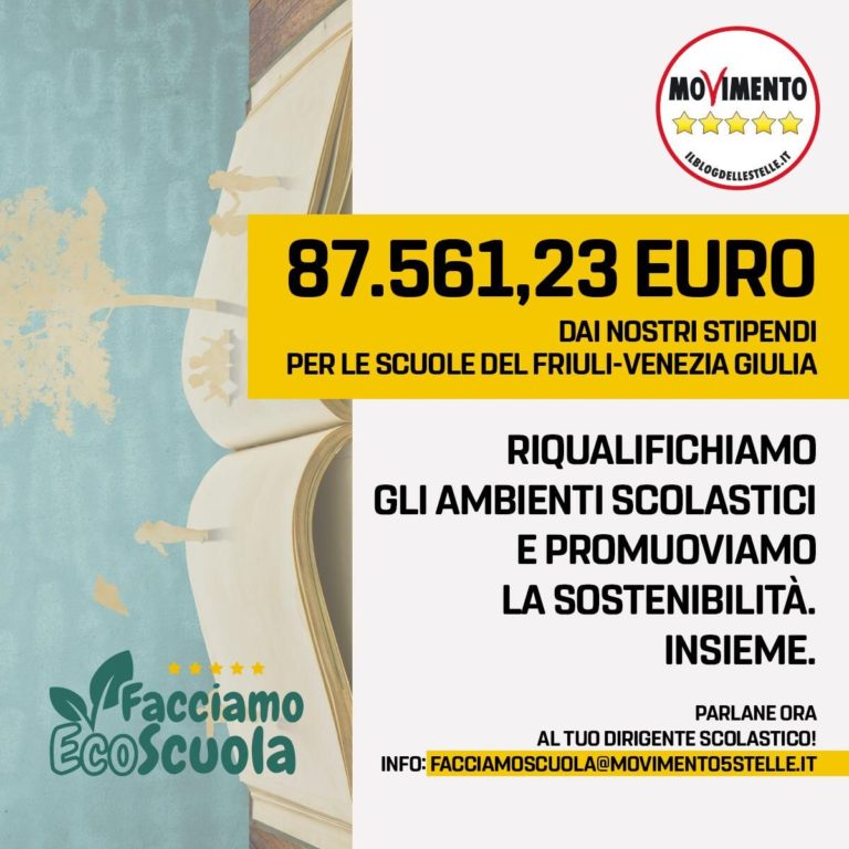 Da taglio stipendi M5S, 87 mila euro per ecosostenibilità scuole FVG