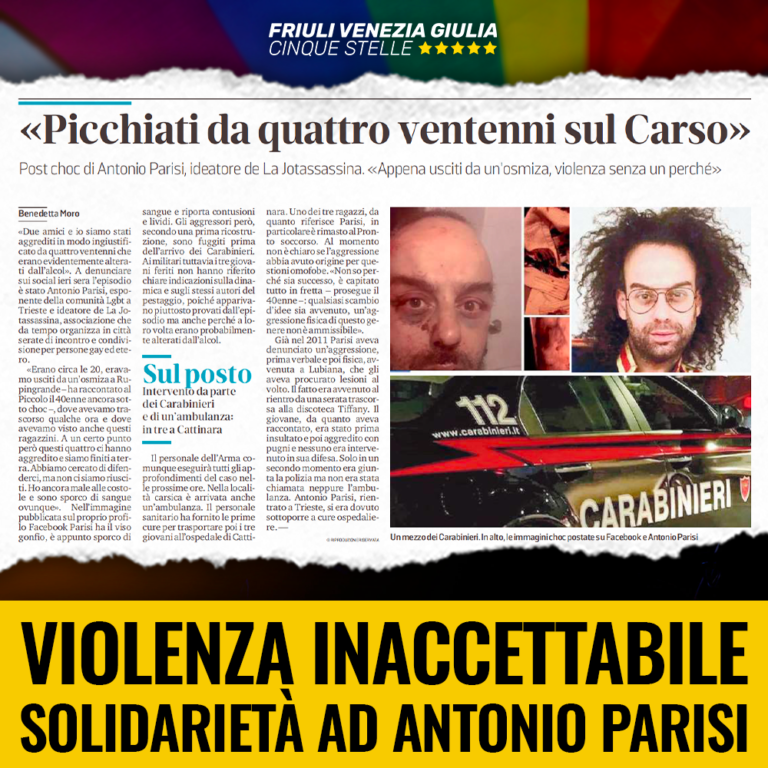 Solidarietà del M5S FVG ad Antonio Parisi e alle altre vittime di violenza a Trieste