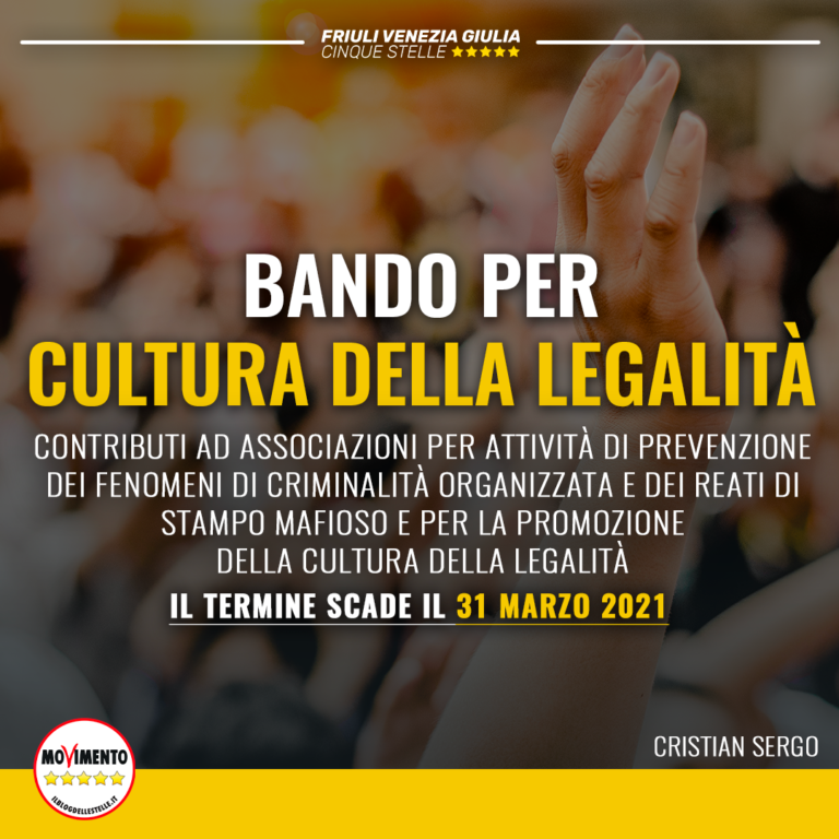 Entro 31 marzo domande per il bando per cultura legalità