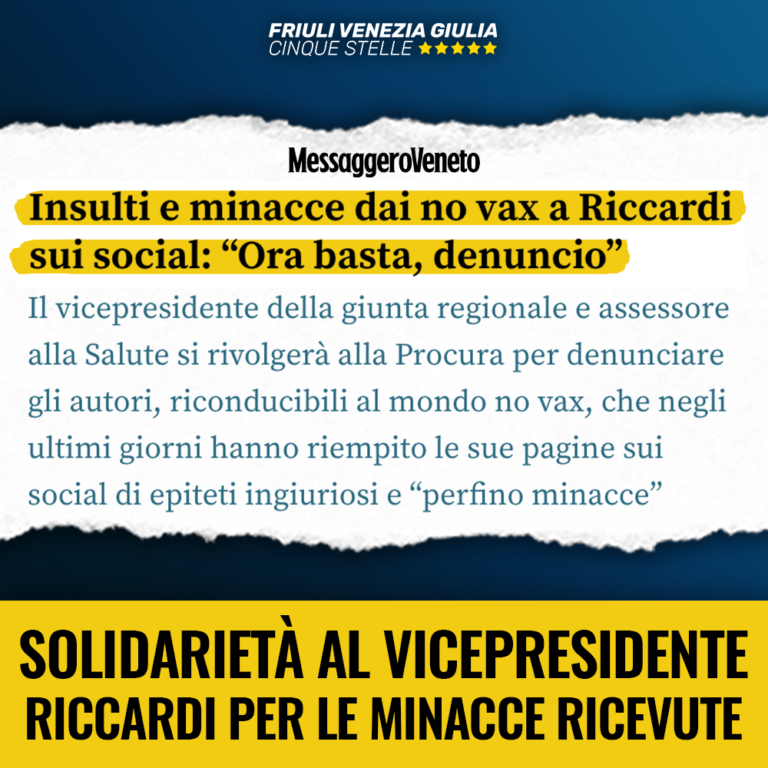 Solidarietà a vicepresidente Riccardi per minacce ricevute