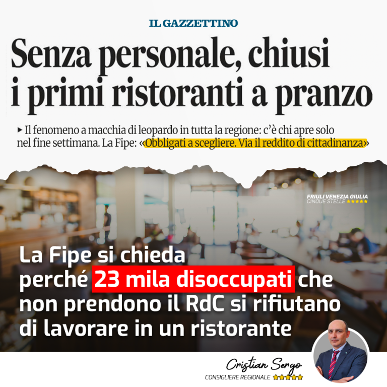 Difficoltà a reperire lavoratori nei ristoranti non è colpa del Reddito di cittadinanza