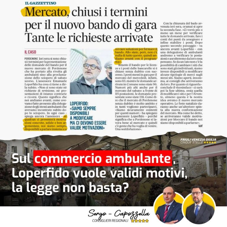 Commercio ambulante, Loperfido vuole validi motivi, la legge non basta?