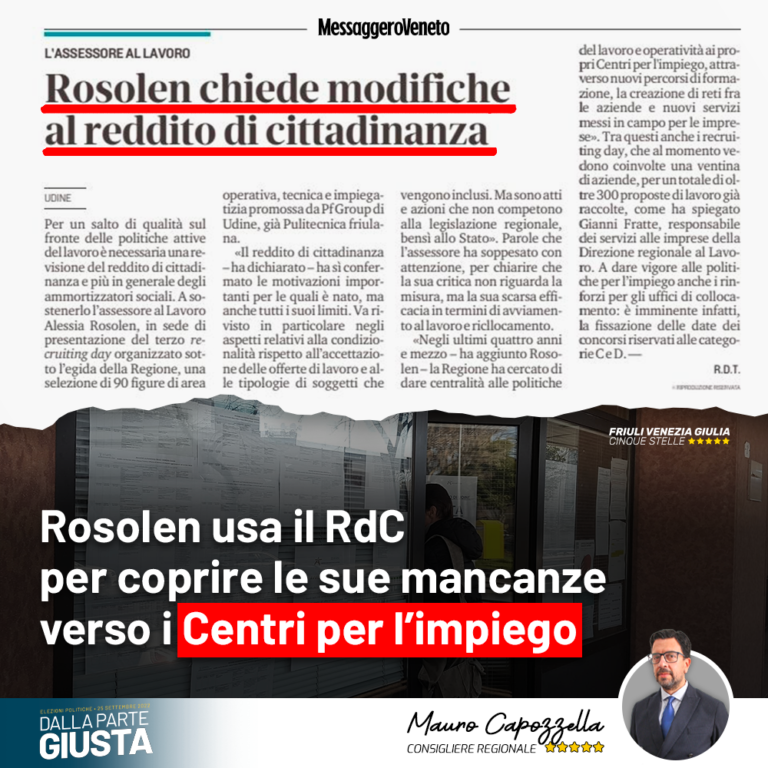 Rosolen usa Reddito di cittadinanza per coprire mancanze dei Centri per l’impiego