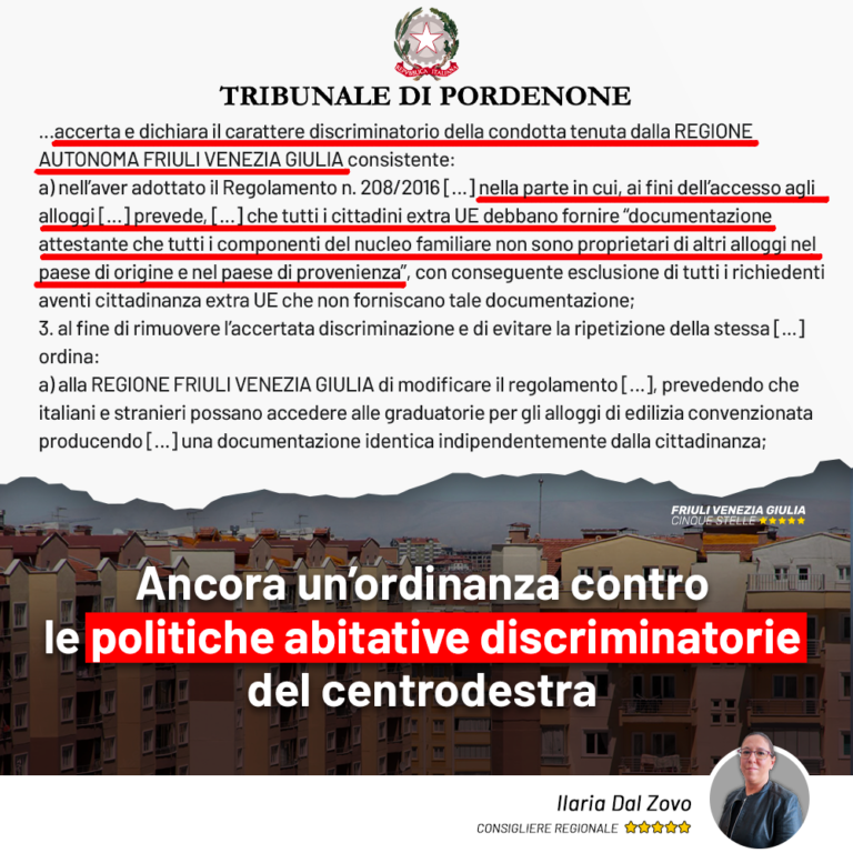 Anche Tribunale PN sancisce discriminazione in politiche abitative regionali