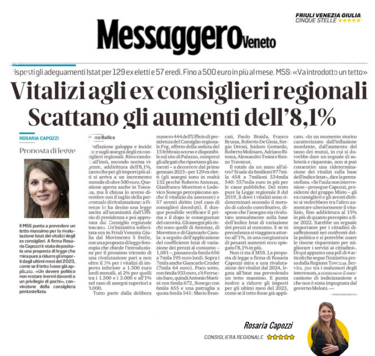 Capozzi (M5S): “Soliti Privilegi. I vitalizi aumentano i salari no”.