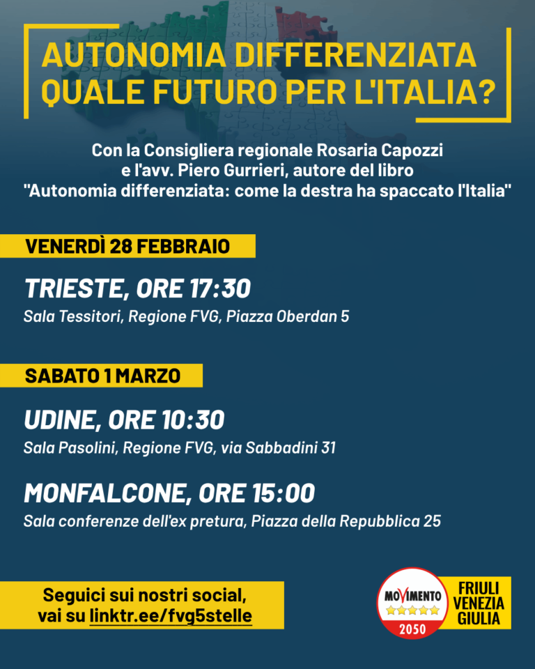 Arriva in FVG un ciclo di conferenze sull’autonomia differenziata con Rosaria Capozzi e l’avv. e autore Piero Gurrieri