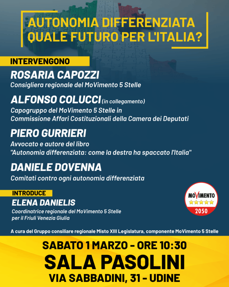 Conferenza sull’autonomia differenziata a Udine ore 10:30 sabato 1 marzo