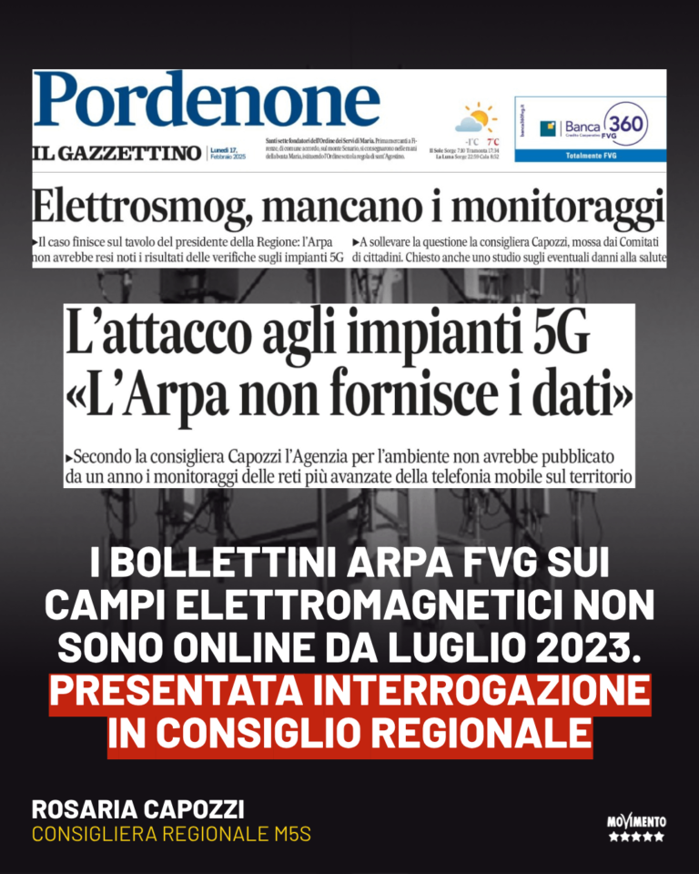 Telefonia, Capozzi: 5G, informazioni carenti su sito internet Arpa Fvg